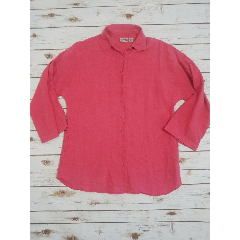 Chico's Tunic Top Blouse Shirt 2 Red 100% Linen Button Down Long Sleeve Solid